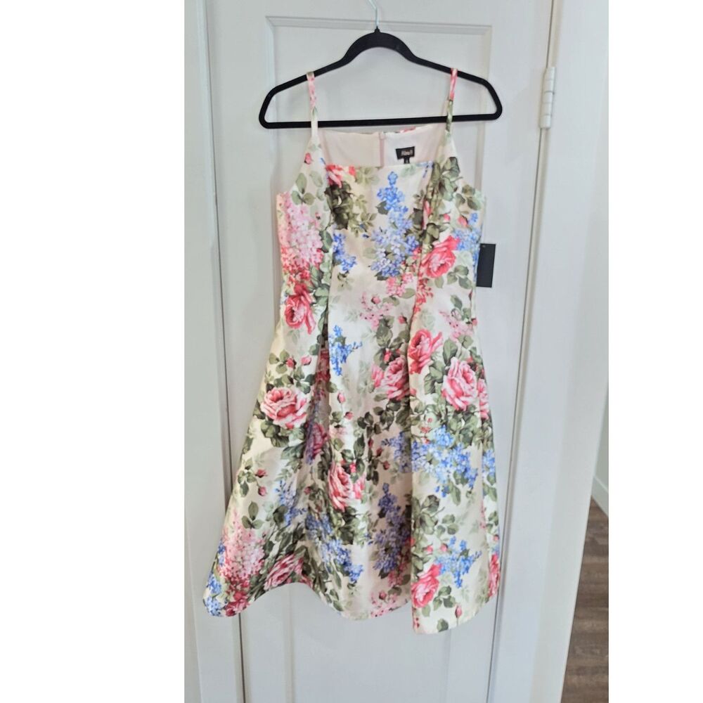 Alexa B Floral Fit & Flare Pleated Knee Dress Square Neck Sleeveless Size 8